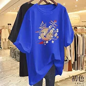 【初色】中大碼圓領文藝古風樂器印花短袖T恤上衣女上衣-共6色-33201(M-2XL可選) XL 藍色
