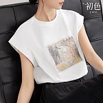 【初色】簡約藝術印花修身寬鬆涼感無袖圓領T恤上衣女上衣-共2色-33611(M-2XL可選) 2XL 白色