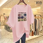 【初色】純色休閒大象印花寬鬆大碼舒適圓領短袖T恤上衣-共9色-33202(M-2XL可選) L 粉紅色