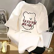 【初色】寬鬆圓領可愛熊熊字母印花短袖T恤上衣-共2色-33582(M-2XL可選) M 白色