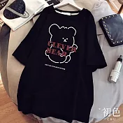 【初色】寬鬆圓領可愛熊熊字母印花短袖T恤上衣-共2色-33582(M-2XL可選) M 黑色