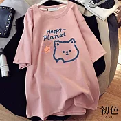 【初色】寬鬆動物字母印花短袖圓領中常款T恤上衣女上衣-共3色-33583(M-2XL可選) XL 粉色