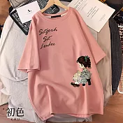 【初色】寬鬆休閒圖案印花圓領短袖T恤上衣女上衣-共3色-33584(M-2XL可選) XL 粉紅色