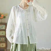 【ACheter】 點點漢服日常天絲刺繡花明圓領對襟直長袖短衫上衣# 120991 L 白色