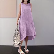 【ACheter】 圓領長裙無袖大碼寬鬆純色長款大擺背心棉麻感連身裙洋裝# 121140 M 紫色