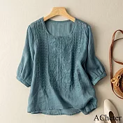【ACheter】 薄款刺繡上衣文藝復古透氣棉麻感短袖圓領短版上衣# 121143 M 藍色