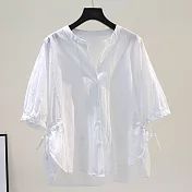 【ACheter】 棉薄款襯衫側開叉前短後長五分袖寬鬆休閒短版上衣# 121160 M 白色