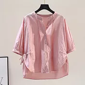 【ACheter】 棉薄款襯衫側開叉前短後長五分袖寬鬆休閒短版上衣# 121160 L 粉紅色