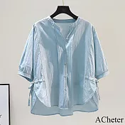 【ACheter】 棉薄款襯衫側開叉前短後長五分袖寬鬆休閒短版上衣# 121160 M 藍色