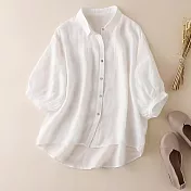 【ACheter】 寬鬆顯瘦燈籠袖上衣時尚洋氣襯衫五分袖棉麻感短版# 121161 L 白色