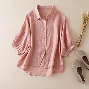 【ACheter】 寬鬆顯瘦燈籠袖上衣時尚洋氣襯衫五分袖棉麻感短版# 121161 XL 粉紅色