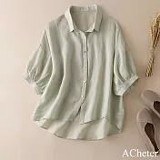 【ACheter】 寬鬆顯瘦燈籠袖上衣時尚洋氣襯衫五分袖棉麻感短版# 121161 L 綠色