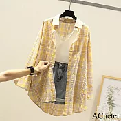 【ACheter】 棉薄款防曬格子襯衫寬鬆長袖學生外罩中長上衣# 121167 L 黃色