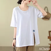 【ACheter】 大碼圓領純色開叉寬鬆棉短袖T恤中長上衣# 121219 M 白色