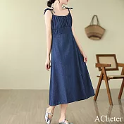 【ACheter】 韓版大碼法式開叉牛仔連身裙長版吊帶裙洋裝# 121229 XL 藍色