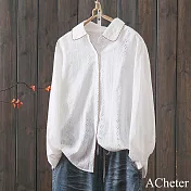 【ACheter】 描邊線條感繡花襯衫新款韓版設計感溫柔別致長袖中長上衣# 121236 L 白色