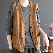 【ACheter】 棉麻感無袖馬甲背心寬鬆通勤純色V領背心短版外罩# 121415 L 卡其色
