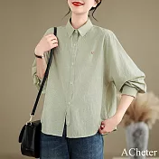 【ACheter】 條紋襯衫翻領休閒百搭寬鬆顯瘦長袖氣質短版上衣# 121417 L 綠色