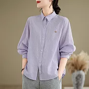 【ACheter】 條紋襯衫翻領休閒百搭寬鬆顯瘦長袖氣質短版上衣# 121417 L 紫色