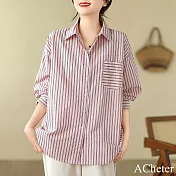 【ACheter】 中長款單口袋豎條紋襯衫BF簡約寬鬆長袖短版上衣# 121421 L 粉紅色