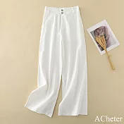 【ACheter】 文藝棉麻感寬鬆闊腿高腰垂感直筒長褲# 121426 L 白色
