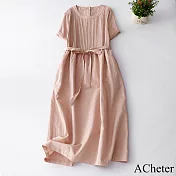 【ACheter】 棉麻感連身裙長版韓版寬鬆短袖圓領風琴褶洋裝# 121450 L 粉紅色