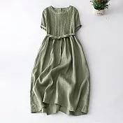 【ACheter】 棉麻感連身裙長版韓版寬鬆短袖圓領風琴褶洋裝# 121450 L 綠色