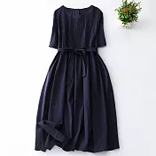 【ACheter】 棉麻感連身裙長版韓版寬鬆短袖圓領風琴褶洋裝# 121450 L 藏青色