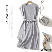 【ACheter】 文藝復古棉麻感連身裙簡約系帶中長款短袖圓領洋裝# 121451 L 銀灰色