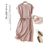 【ACheter】 文藝復古棉麻感連身裙簡約系帶中長款短袖圓領洋裝# 121451 L 粉紅色