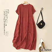 【ACheter】 文藝拼接圓領短袖連身裙冰絲緹花氣質長版洋裝# 121452 L 紅色