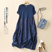 【ACheter】 文藝拼接圓領短袖連身裙冰絲緹花氣質長版洋裝# 121452 L 藏青色