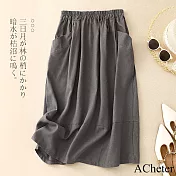 【ACheter】 棉麻感文藝復古半身裙高腰寬鬆顯瘦鬆緊腰長裙# 121453 2XL 深灰色