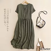 【ACheter】 綠色棉麻大碼連身裙中長版A字裙收腰顯瘦薄款圓領短袖洋裝# 121454 L 綠色