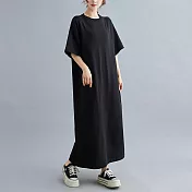 【ACheter】 針織條紋圓領短袖連身裙長版寬鬆洋裝# 121470 FREE 黑色