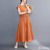 【ACheter】 文藝大擺裙可收腰寬鬆大碼棉麻感圓領蓋短袖連身裙純色洋裝# 121471 L 橘色