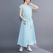 【ACheter】 文藝大擺裙可收腰寬鬆大碼棉麻感圓領蓋短袖連身裙純色洋裝# 121471 L 藍色