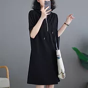 【ACheter】 韓版大碼連帽抽繩短袖拉鍊V領連身裙中長洋裝# 121475 L 黑色
