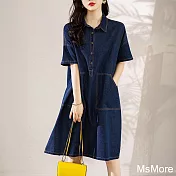 【MsMore】 韓版牛仔短袖休閒寬鬆連身裙中長洋裝# 121515 L 藍色