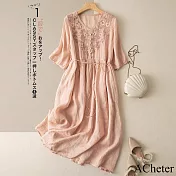 【ACheter】 七分袖刺繡連身裙V領文藝復古棉麻感長裙高腰垂感長洋裝# 121555 L 粉紅色