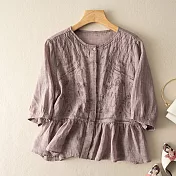 【ACheter】 五分短袖上衣薄文藝復古重工刺繡棉麻感圓領短版上衣# 121557 M 紫色