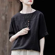 【ACheter】 五分短袖圓領棉麻感上衣氣質中國風茶服短版# 121560 XL 黑色
