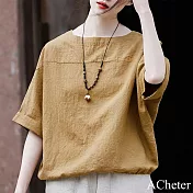 【ACheter】 五分短袖圓領棉麻感上衣氣質中國風茶服短版# 121560 XL 黃色
