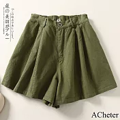 【ACheter】 文藝韓系淨版鬆緊腰短褲寬鬆顯瘦時尚百搭純色闊腿五分# 121569 XL 軍綠色