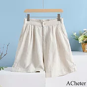【ACheter】 棉麻感闊腿五分褲寬鬆復古休閒短褲鬆緊高腰# 121570 M 杏色