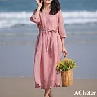 【ACheter】 棉麻感圓領文藝大碼寬鬆遮肚飄逸七分袖大擺連身裙長洋裝# 121572 M 粉紅色