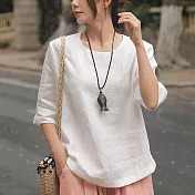 【ACheter】 棉麻感復古文藝圓領寬鬆五分短袖百搭短版純色上衣# 121574 XL 白色