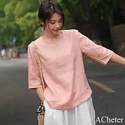【ACheter】 棉麻感復古文藝圓領寬鬆五分短袖百搭短版純色上衣# 121574 M 粉紅色