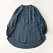【ACheter】 圓領棉麻條紋格子寬鬆弧形下擺顯瘦褶皺七分袖短版上衣# 121575 M 藍色