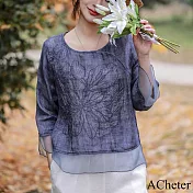 【ACheter】 棉麻感國風上衣文藝復古刺繡圓領七分袖短版# 121576 M 藍色